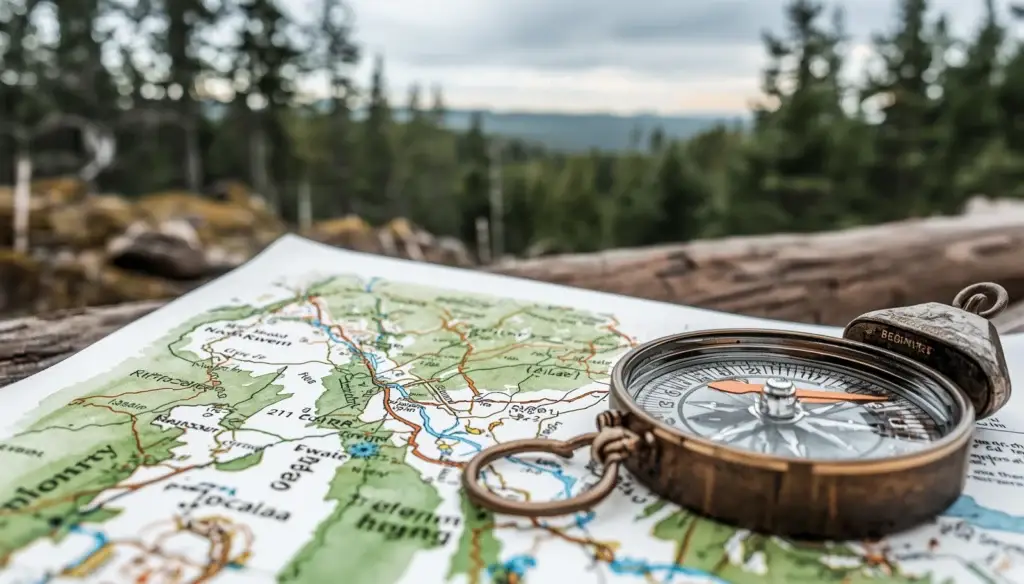 Compass and map on a trail representing beginner hiking navigation and planning
