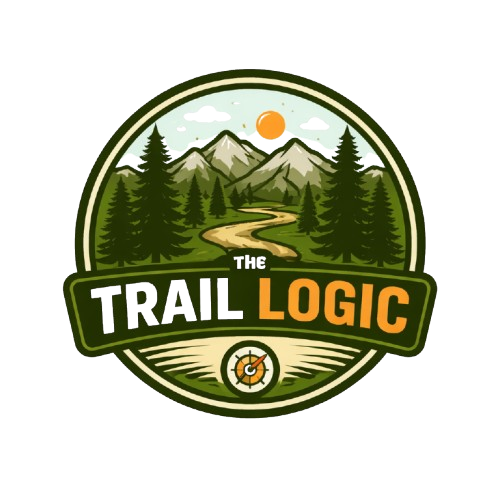 The Trail Logic hiking logo with mountain trail and forest design