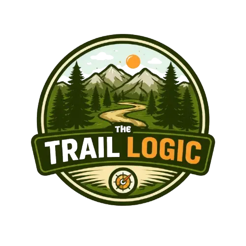 The Trail Logic hiking logo with mountain trail and forest design