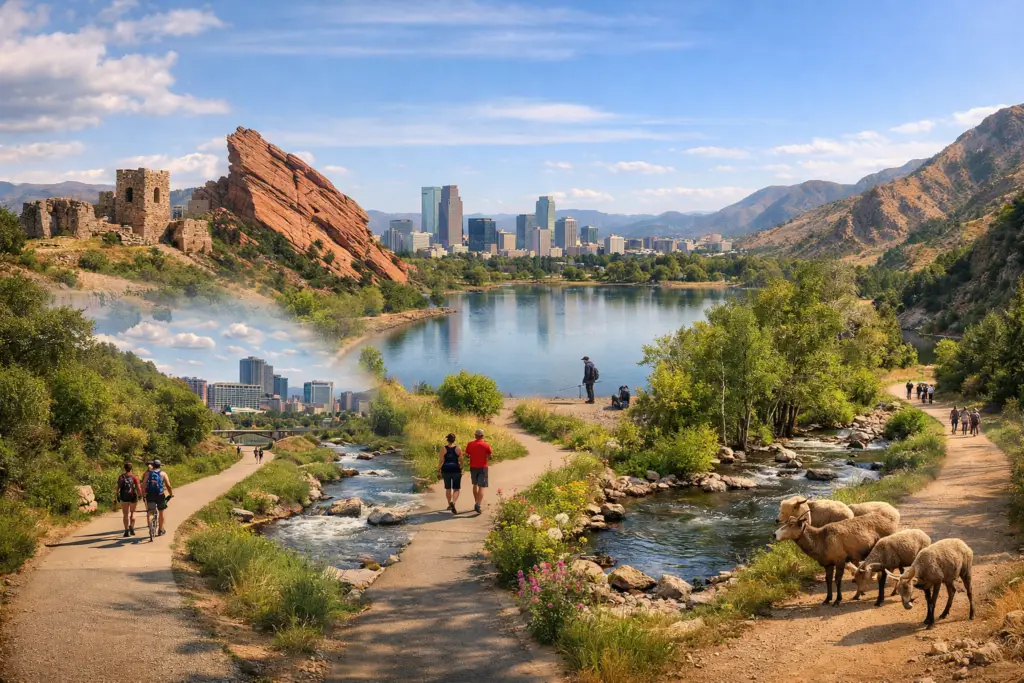 The Best beginner hiking trails near Denver Colorado featuring Mount Falcon, Red Rocks, Cherry Creek Trail, Sloan’s Lake, Lair o’ the Bear, and Waterton Canyon in a realistic landscape collage