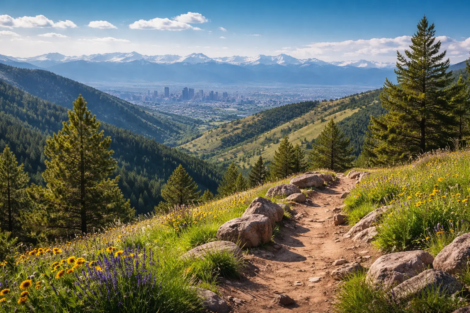 Mountain landscape overlooking the Rocky Mountains near Denver, Colorado, showcasing hiking terrain and alpine scenery.