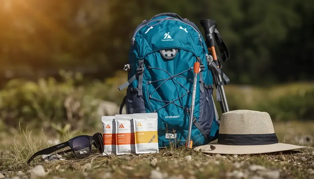 Beginner hiking gear laid out including backpack, shoes, water bottle, and essentials for first-time hikers