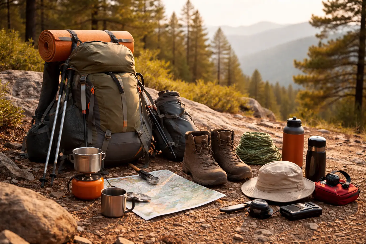 Hiking gear laid out on a mountain trail including backpack, boots, and essentials for outdoor adventures