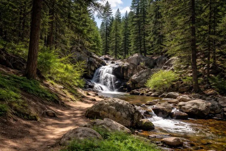 Maxwell Falls Lower Trail waterfall in Evergreen Colorado surrounded by forest along scenic hiking trail