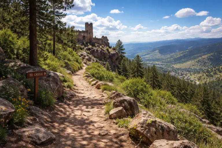 Mount Falcon Castle Trail in Morrison Colorado showing historic castle ruins along a scenic mountain hiking path